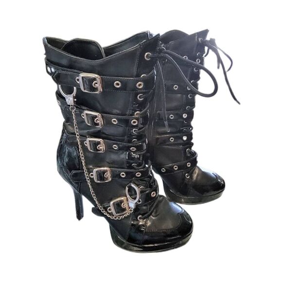 FUNTASMA Black Sexy Cop Buckle Strap Handcuff Stiletto Platform Heel Boots 8.5M - Picture 1 of 6